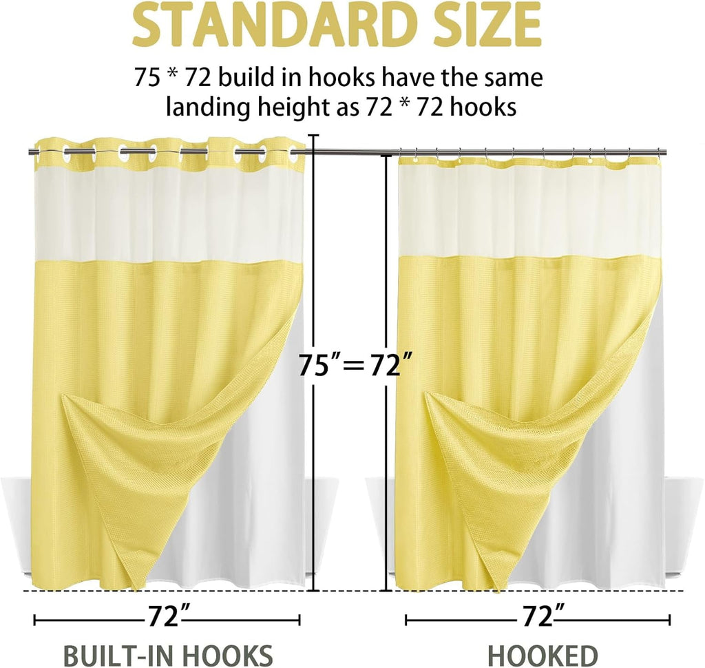 AllWays Plaza Waterproof Fabric Snap in Shower Curtain Liner Replacement with 2 Magnets71 W x 55" L for 72" W x 75" L No Hook Shower Curtain - Removable &amp; Detachable to Wash - White
