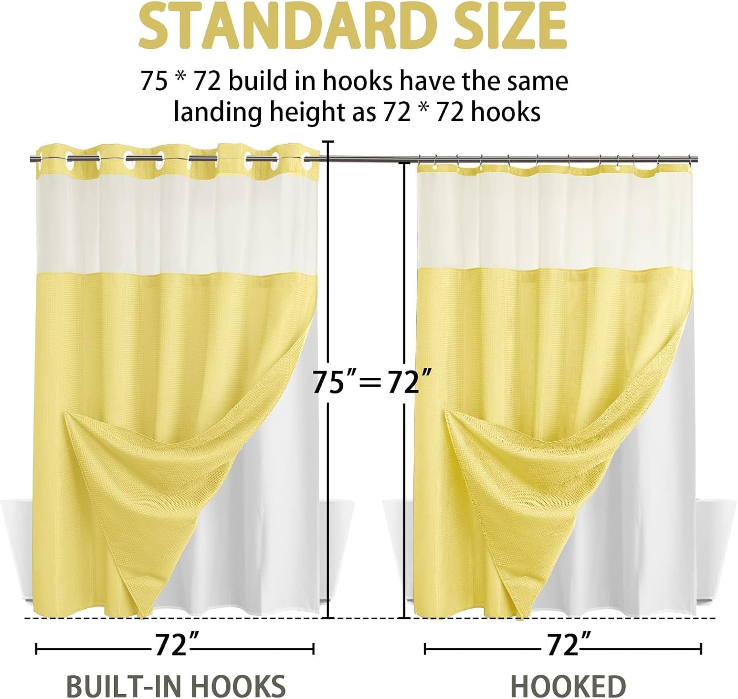 AllWays Plaza Waterproof Fabric Snap in Shower Curtain Liner Replacement with 2 Magnets71 W x 55" L for 72" W x 75" L No Hook Shower Curtain - Removable &amp; Detachable to Wash - White