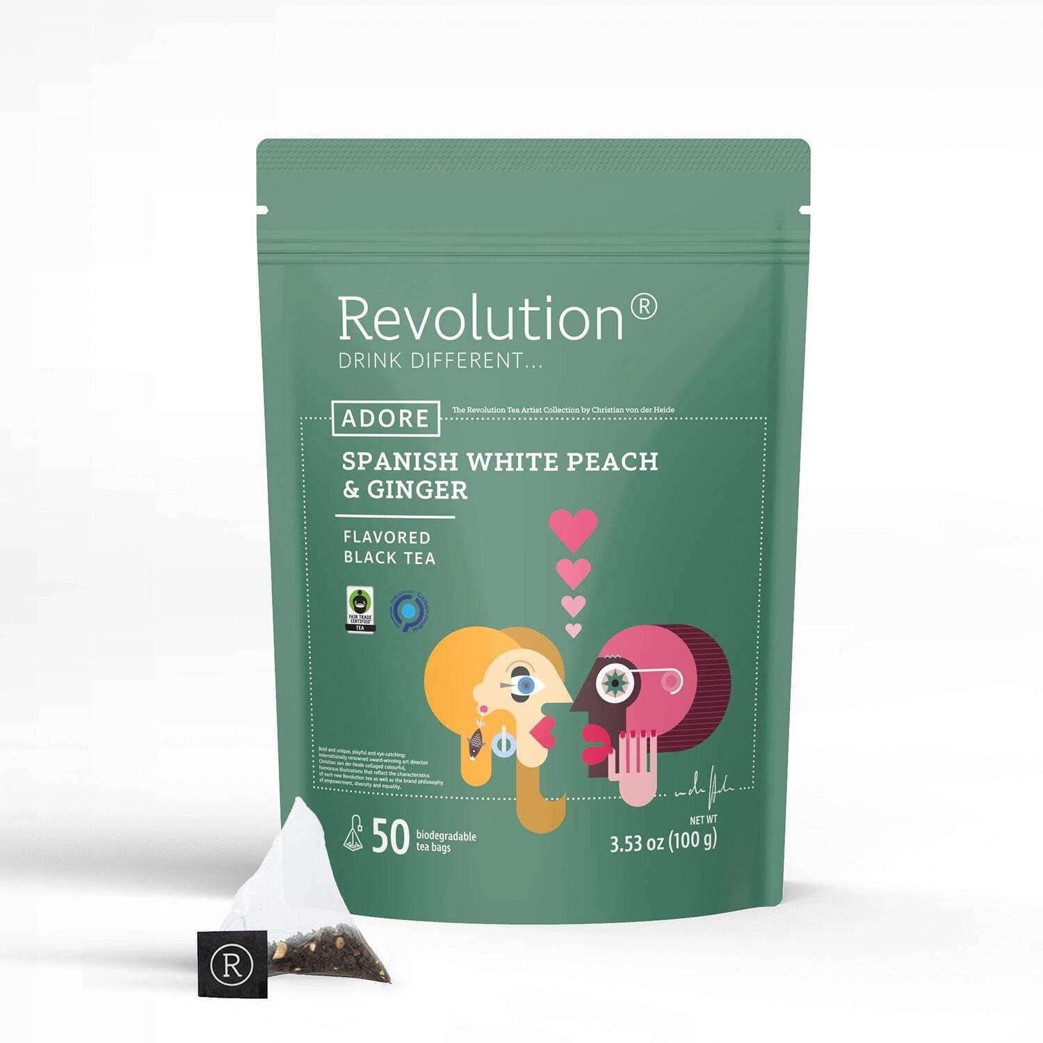 Revolution Tea Spanish Peach &amp; Ginger Black Tea, Naturally Flavored, Resealable Pouch, Pyramid Infuser Bags, 50 Count