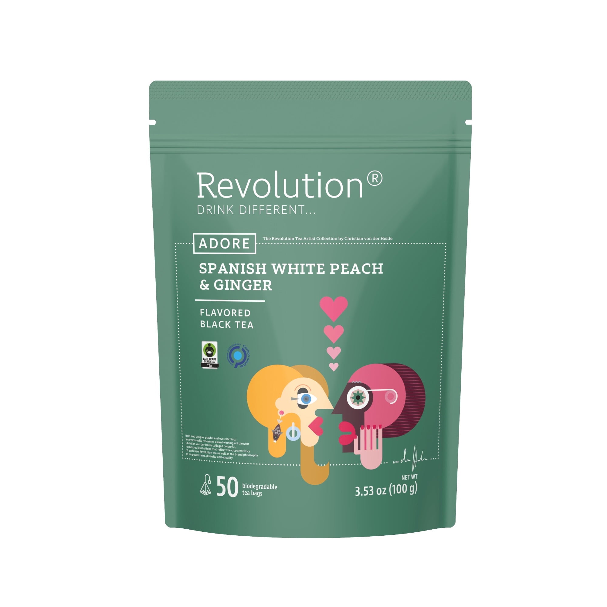Revolution Tea Spanish Peach &amp; Ginger Black Tea, Naturally Flavored, Resealable Pouch, Pyramid Infuser Bags, 50 Count