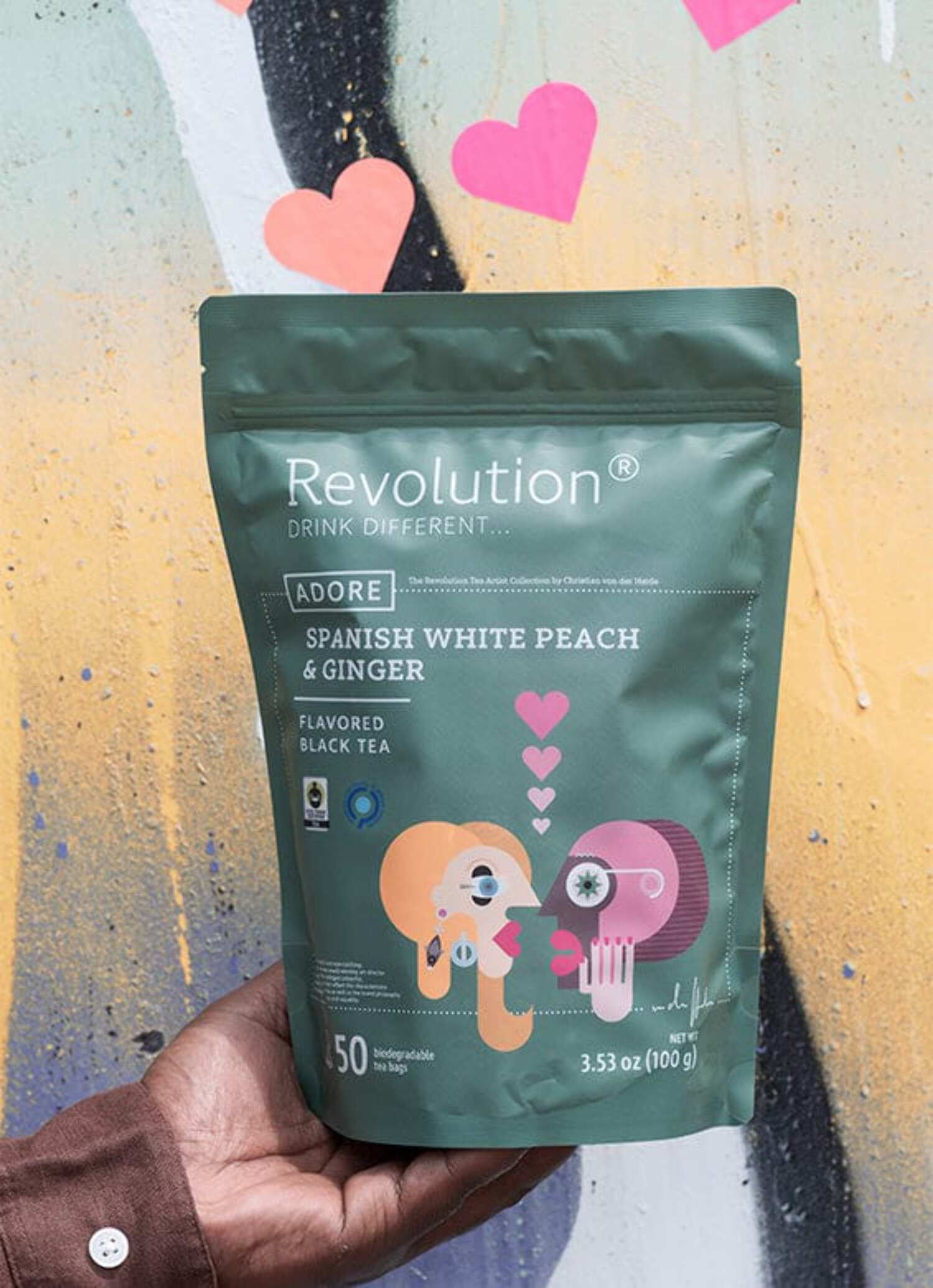 Revolution Tea Spanish Peach &amp; Ginger Black Tea, Naturally Flavored, Resealable Pouch, Pyramid Infuser Bags, 50 Count