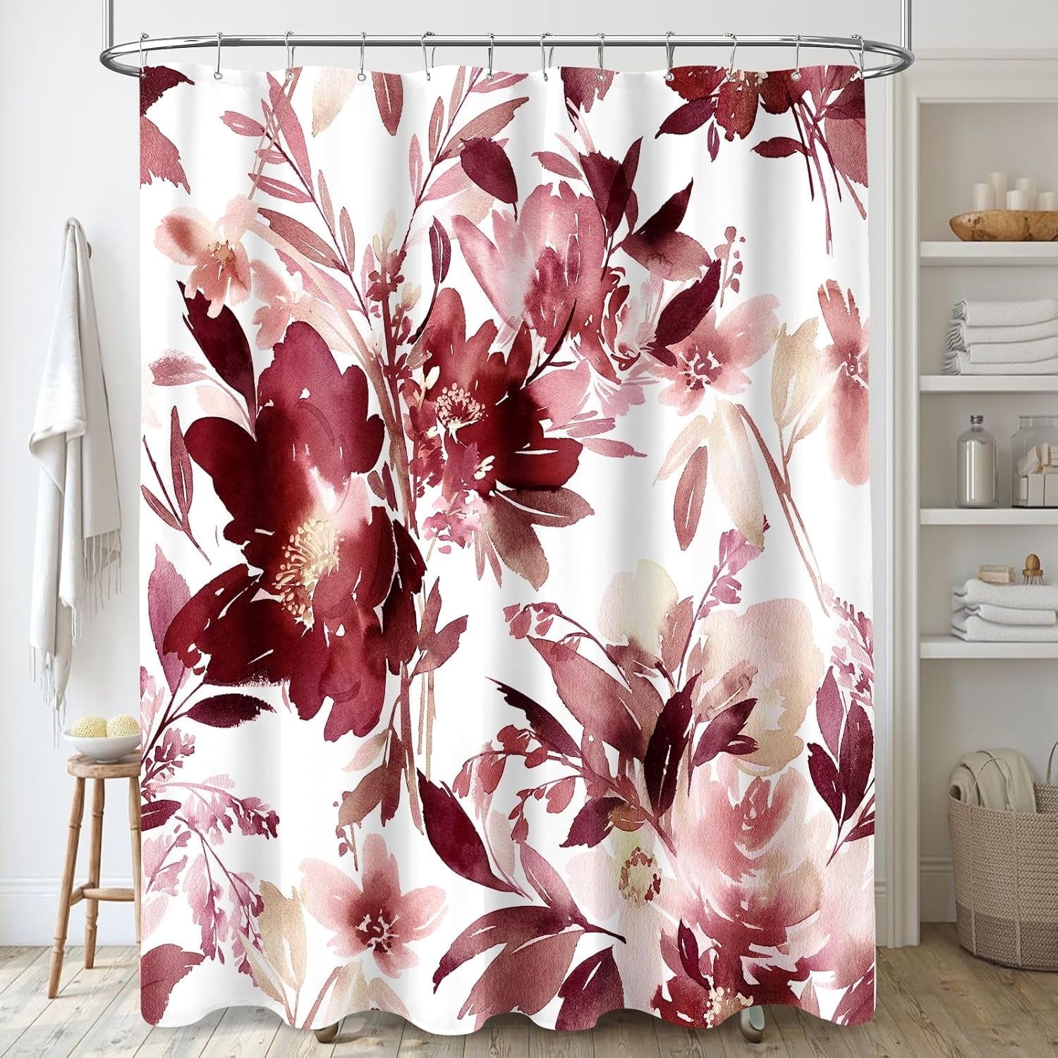 Burgundy Red Floral Shower Curtain, Watercolor Flower Shower Curtain for Bathroom, Modern Abstract Ink Decorative Fabric Shower Curtain Set with Hooks 66x72