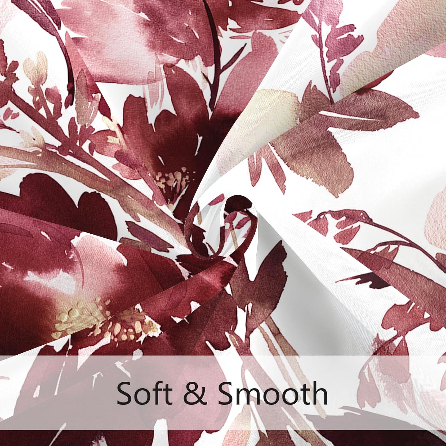 Burgundy Red Floral Shower Curtain, Watercolor Flower Shower Curtain for Bathroom, Modern Abstract Ink Decorative Fabric Shower Curtain Set with Hooks 66x72