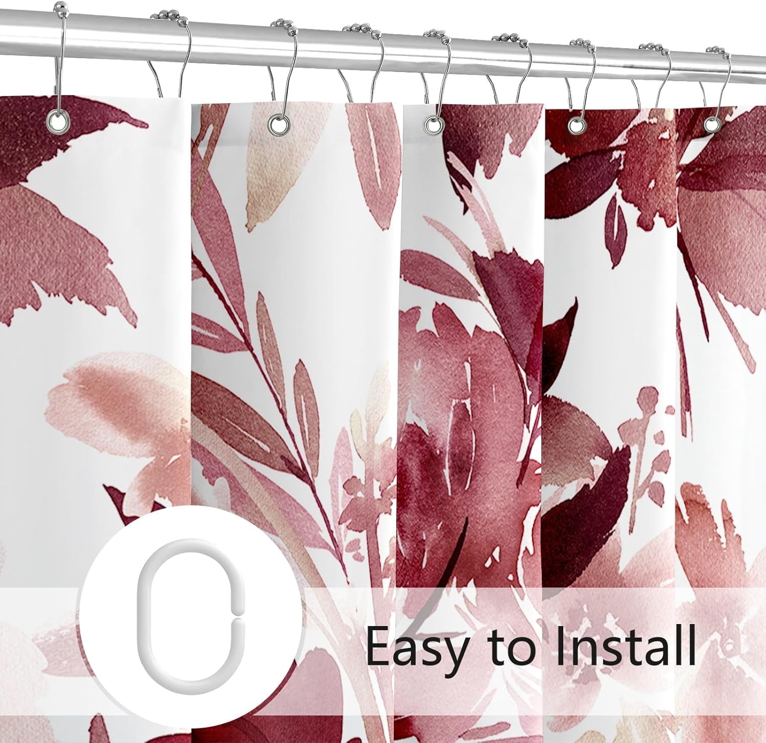 Burgundy Red Floral Shower Curtain, Watercolor Flower Shower Curtain for Bathroom, Modern Abstract Ink Decorative Fabric Shower Curtain Set with Hooks 66x72