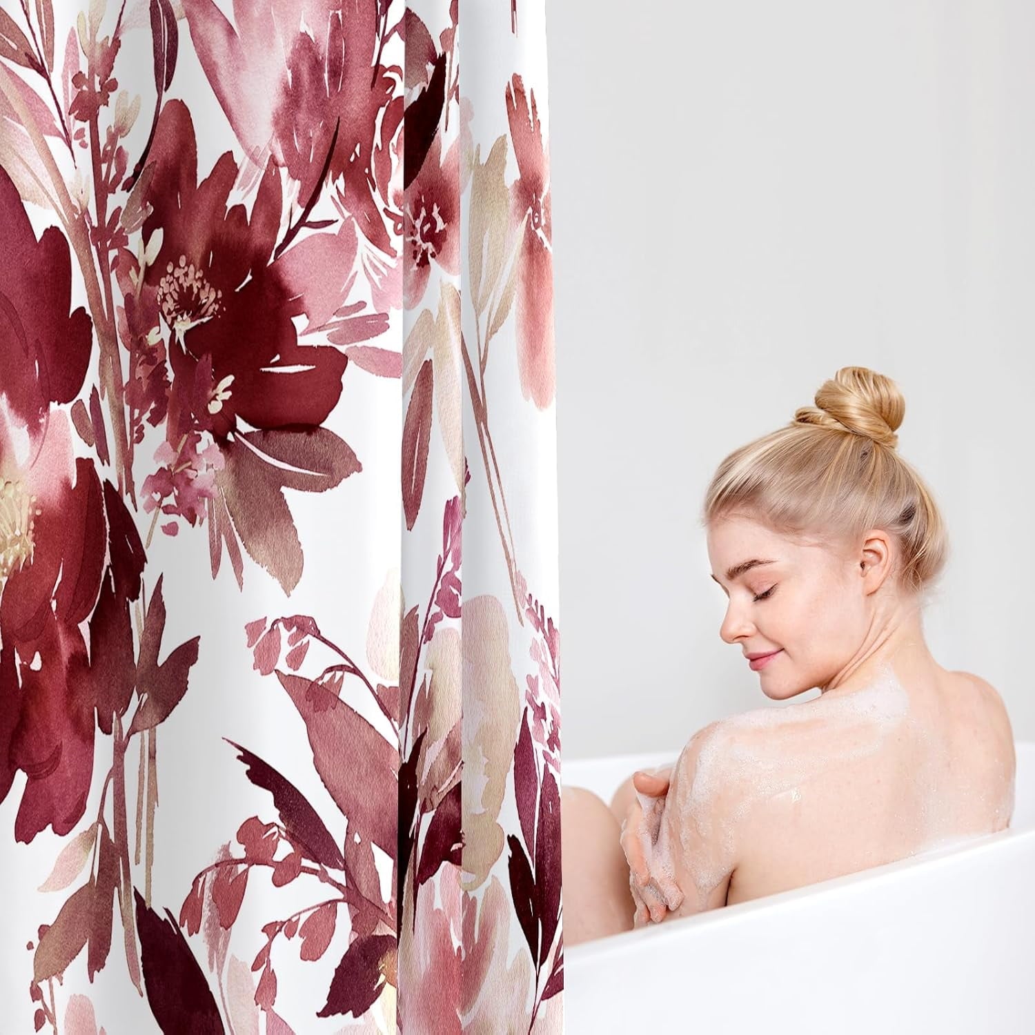 Burgundy Red Floral Shower Curtain, Watercolor Flower Shower Curtain for Bathroom, Modern Abstract Ink Decorative Fabric Shower Curtain Set with Hooks 66x72