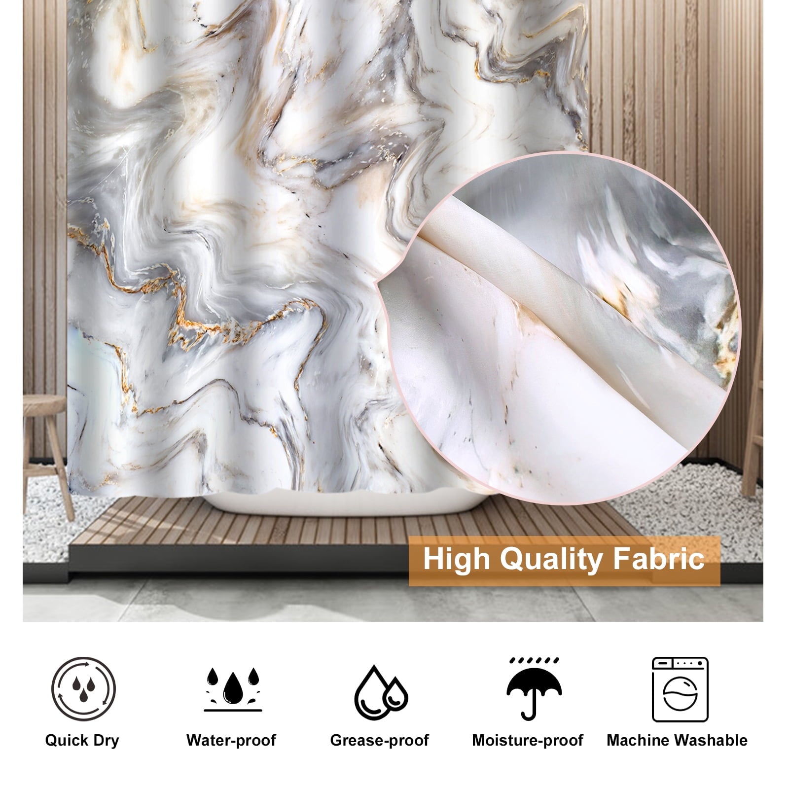 Marble Texture Shower Curtain, Single Piece 71 x 71inch,  Contemporary Ombre Design for Bathroom Decor
