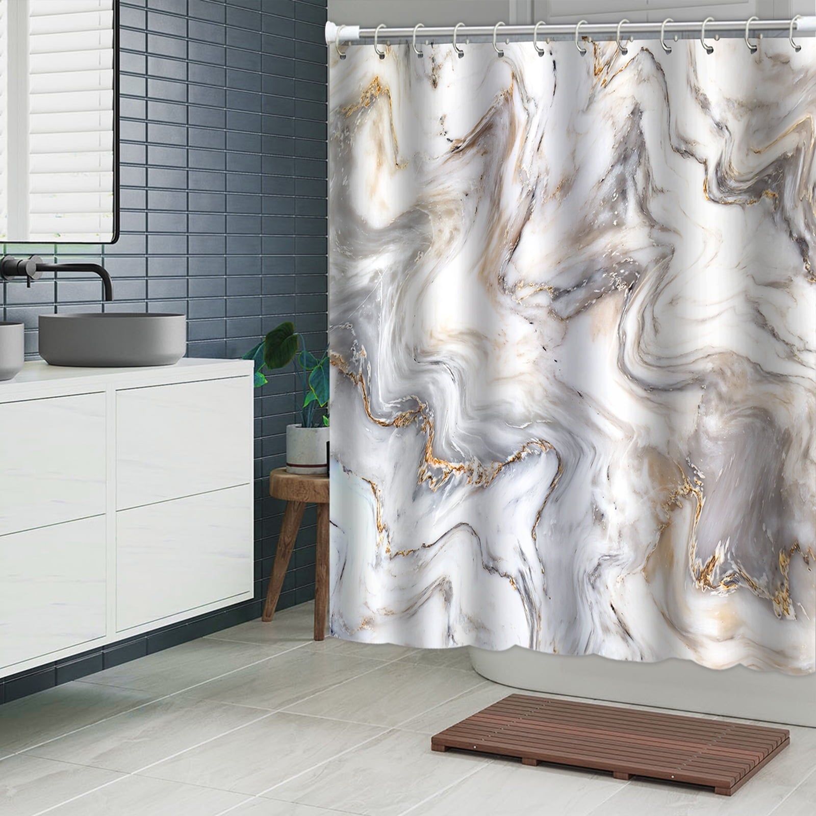 Marble Texture Shower Curtain, Single Piece 71 x 71inch,  Contemporary Ombre Design for Bathroom Decor