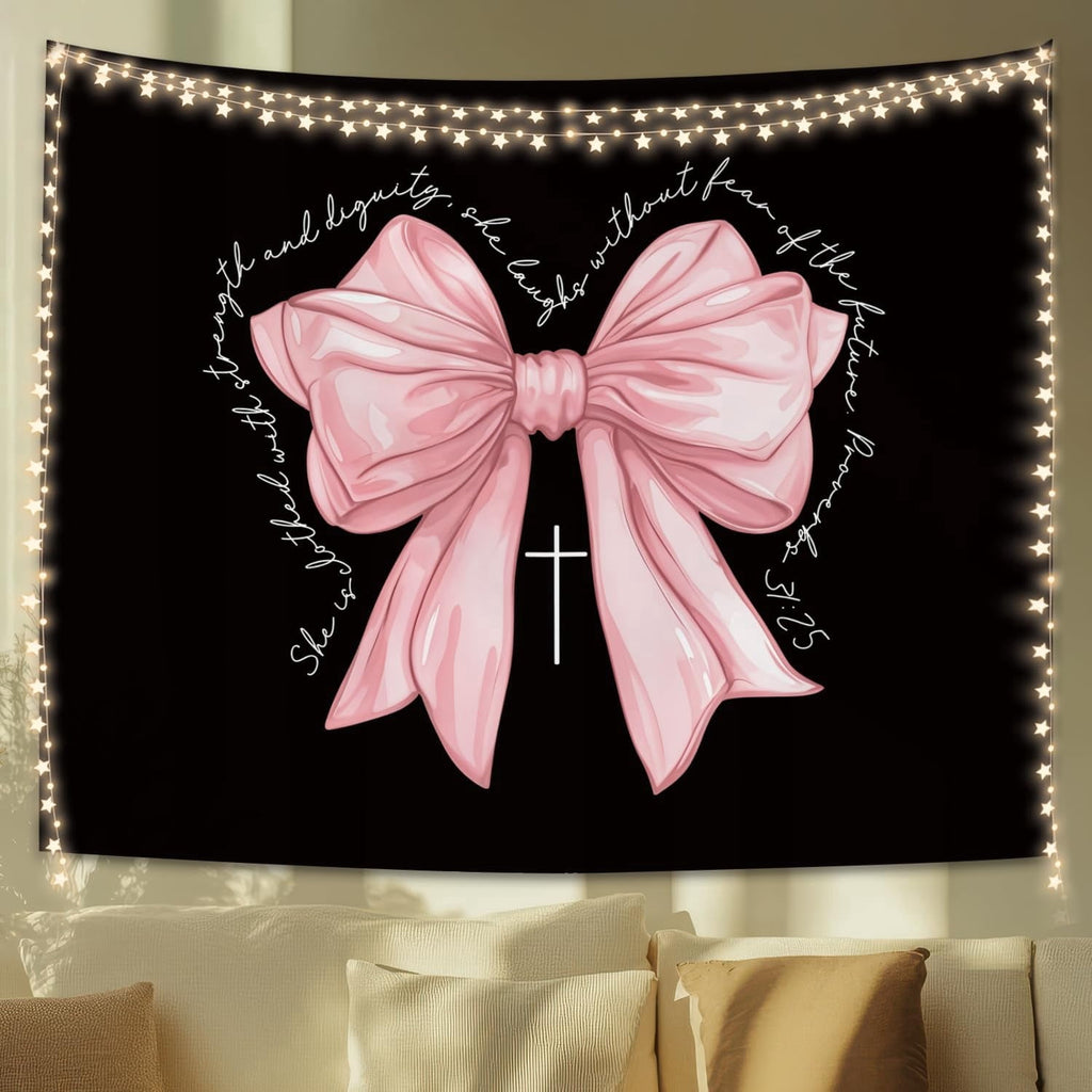 Pink Bow Tapestry Wall Blanket, Cute Girly Religious Wall Hanging Decor for Dorm Apartment Bedroom Church, 50 x 60 Inch