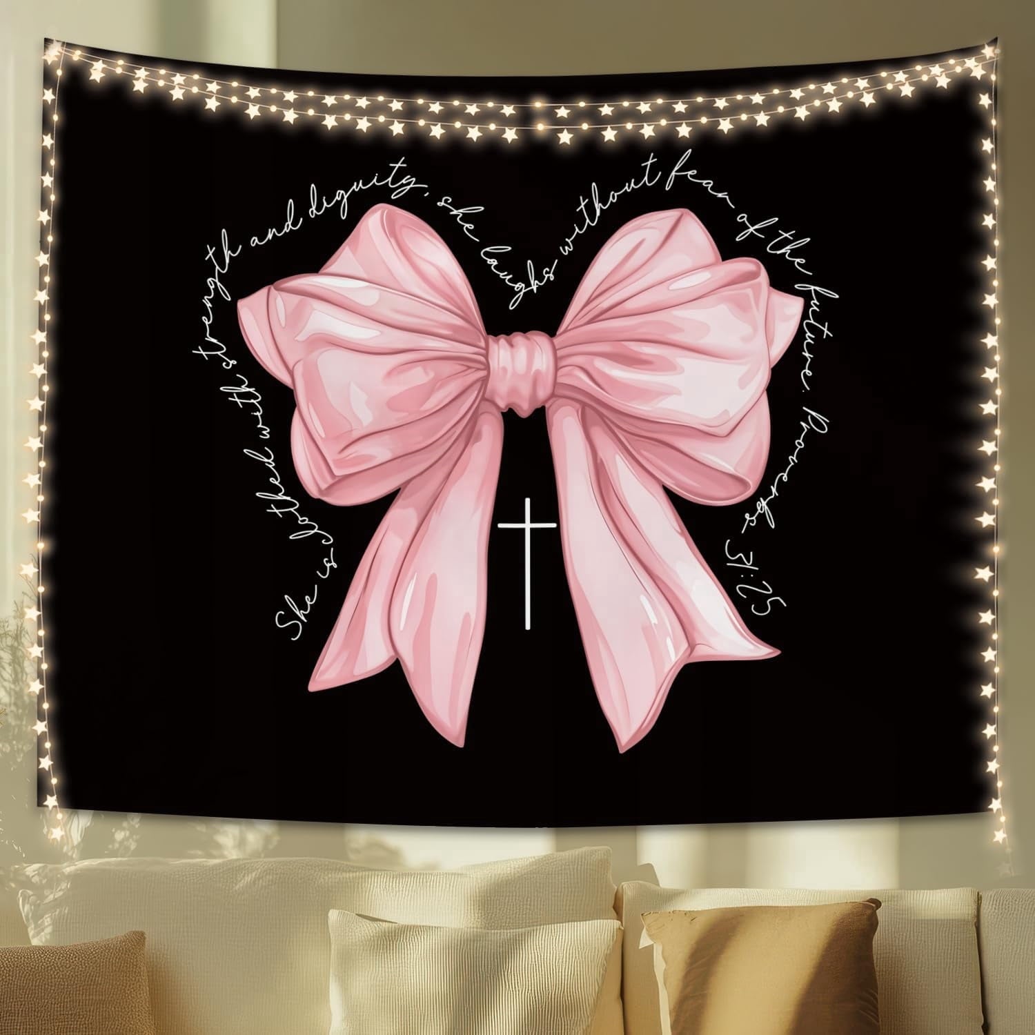 Pink Bow Tapestry Wall Blanket, Cute Girly Religious Wall Hanging Decor for Dorm Apartment Bedroom Church, 50 x 60 Inch