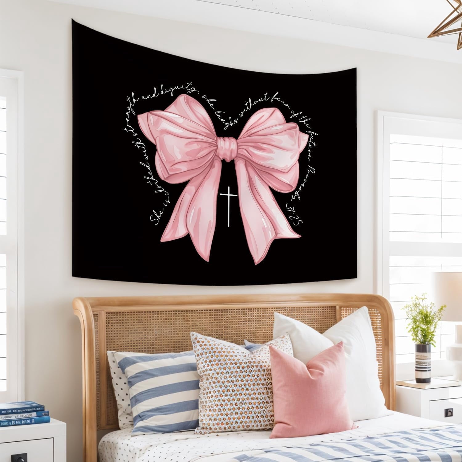 Pink Bow Tapestry Wall Blanket, Cute Girly Religious Wall Hanging Decor for Dorm Apartment Bedroom Church, 50 x 60 Inch