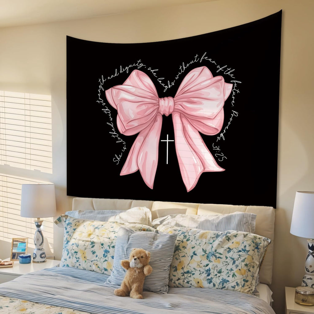 Pink Bow Tapestry Wall Blanket, Cute Girly Religious Wall Hanging Decor for Dorm Apartment Bedroom Church, 50 x 60 Inch