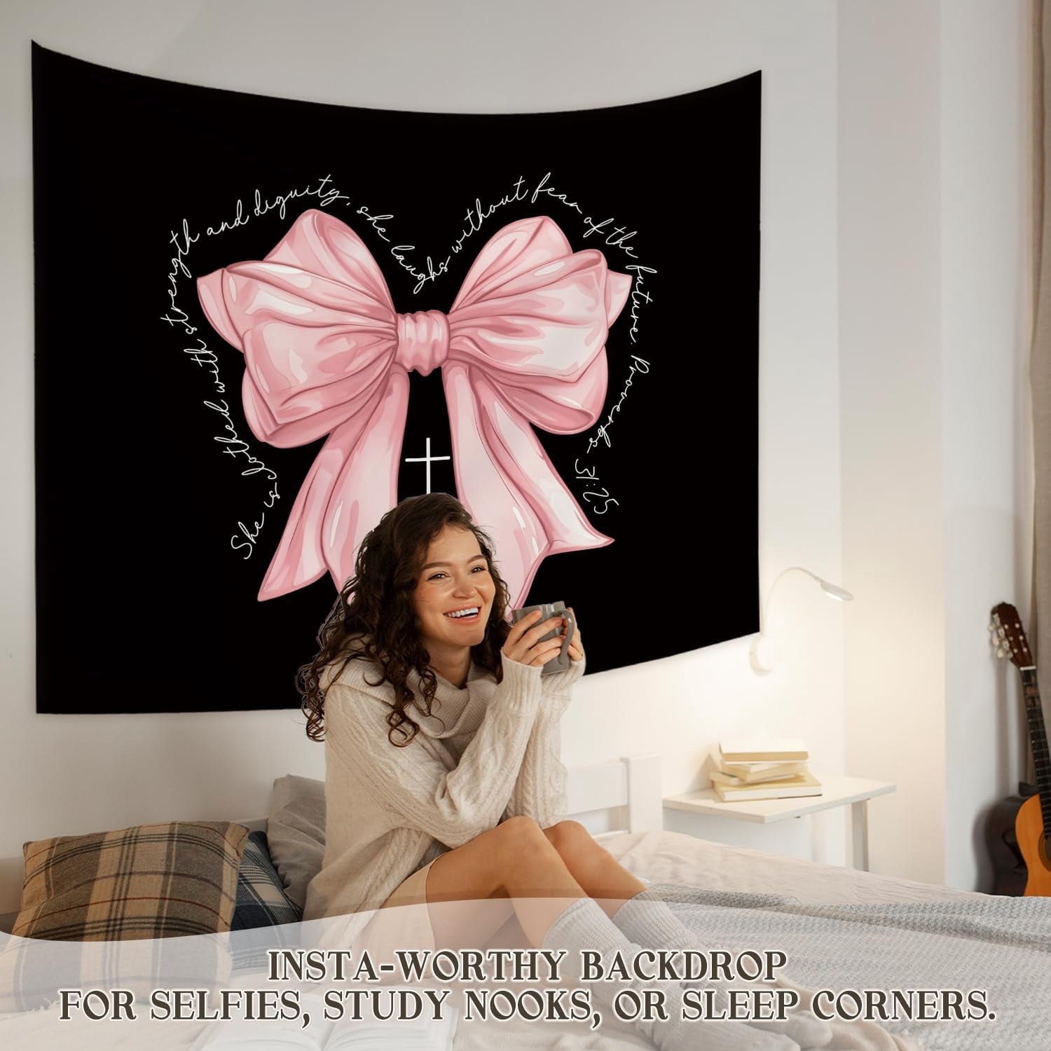 Pink Bow Tapestry Wall Blanket, Cute Girly Religious Wall Hanging Decor for Dorm Apartment Bedroom Church, 50 x 60 Inch