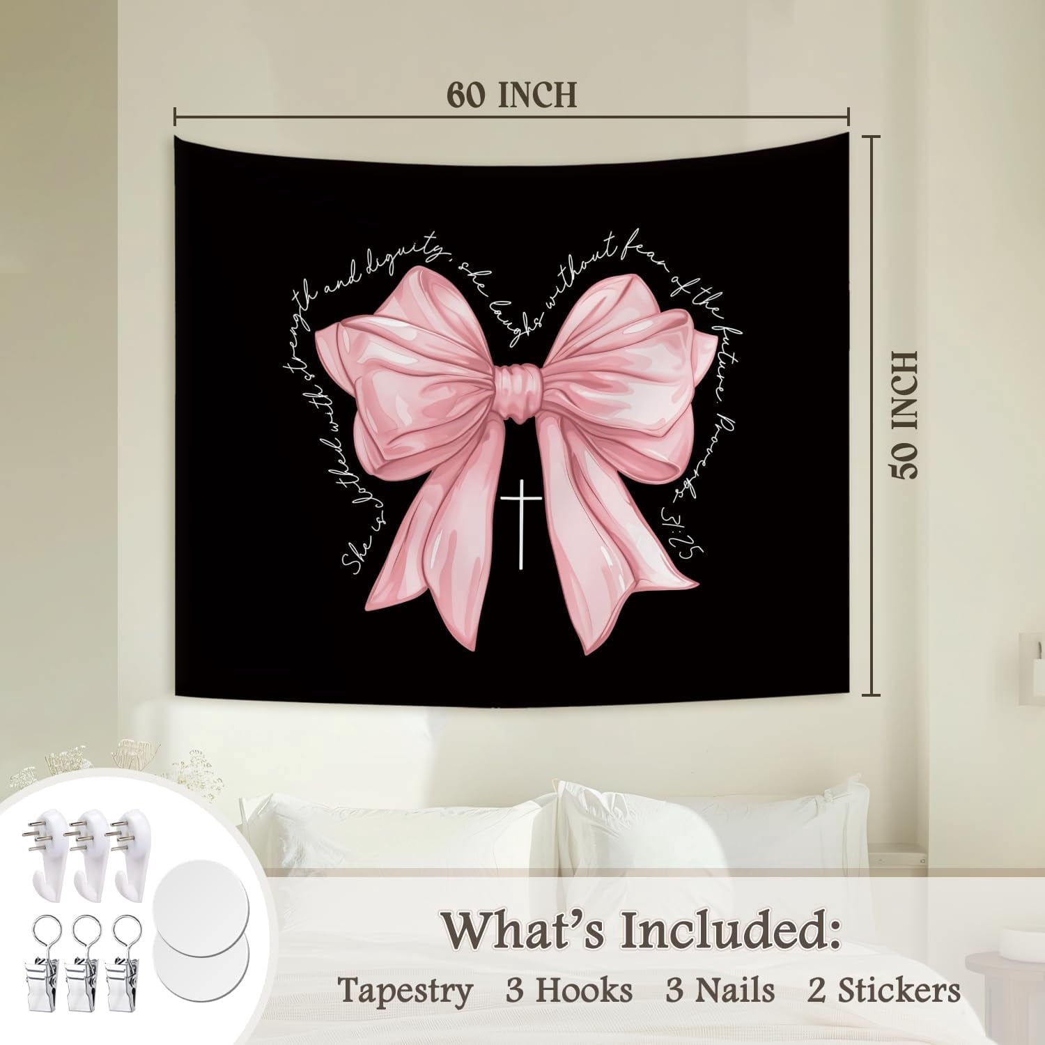 Pink Bow Tapestry Wall Blanket, Cute Girly Religious Wall Hanging Decor for Dorm Apartment Bedroom Church, 50 x 60 Inch