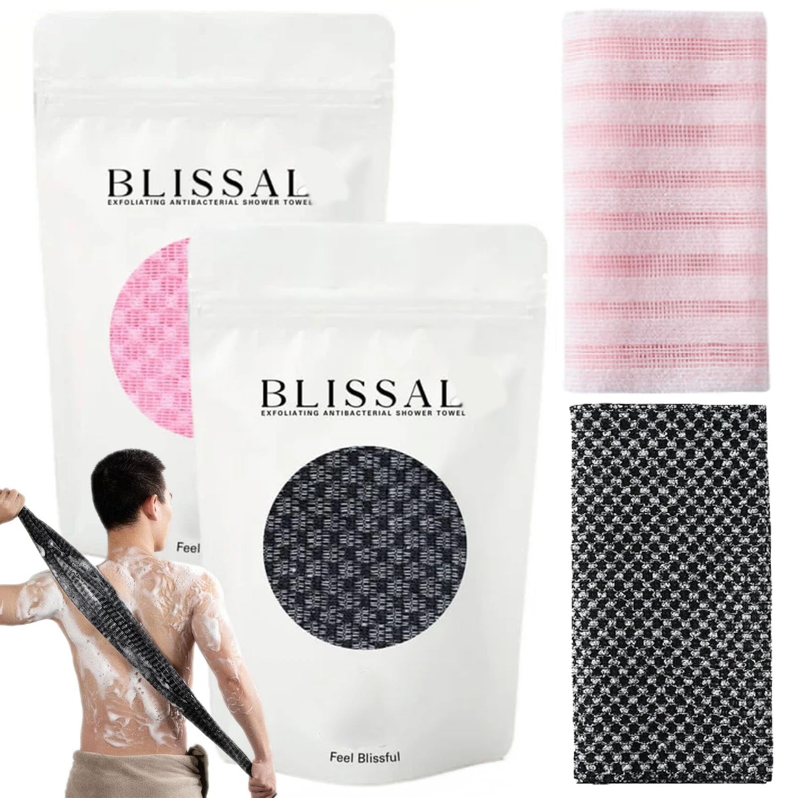 BLISSAL Long Exfoliating Bath Towel | Double-sided 2-in-1, suitable for face and body. Gently exfoliates and removes dead skin cells. A unisex bath essential for all skin types. (Black + Pink 2PC)