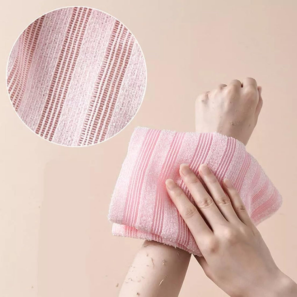 BLISSAL Long Exfoliating Bath Towel | Double-sided 2-in-1, suitable for face and body. Gently exfoliates and removes dead skin cells. A unisex bath essential for all skin types. (Black + Pink 2PC)