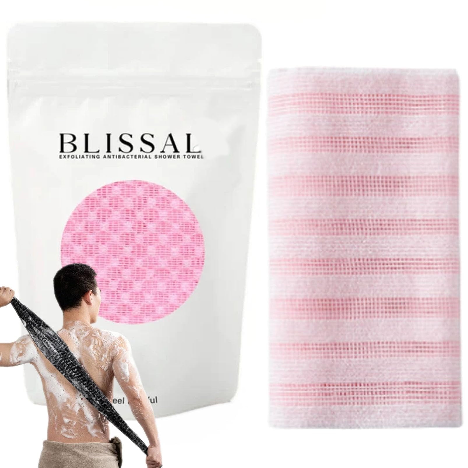 BLISSAL Long Exfoliating Bath Towel | Double-sided 2-in-1, suitable for face and body. Gently exfoliates and removes dead skin cells. A unisex bath essential for all skin types. (Black + Pink 2PC)