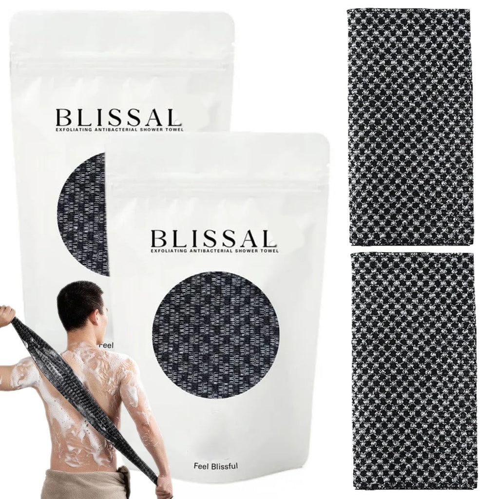 BLISSAL Long Exfoliating Bath Towel | Double-sided 2-in-1, suitable for face and body. Gently exfoliates and removes dead skin cells. A unisex bath essential for all skin types. (Black + Pink 2PC)
