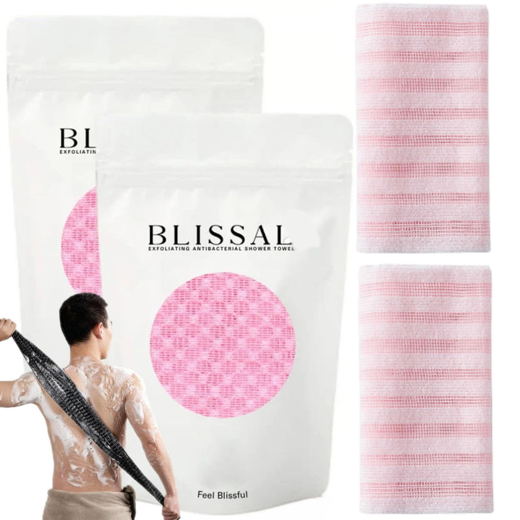 BLISSAL Long Exfoliating Bath Towel | Double-sided 2-in-1, suitable for face and body. Gently exfoliates and removes dead skin cells. A unisex bath essential for all skin types. (Black + Pink 2PC)