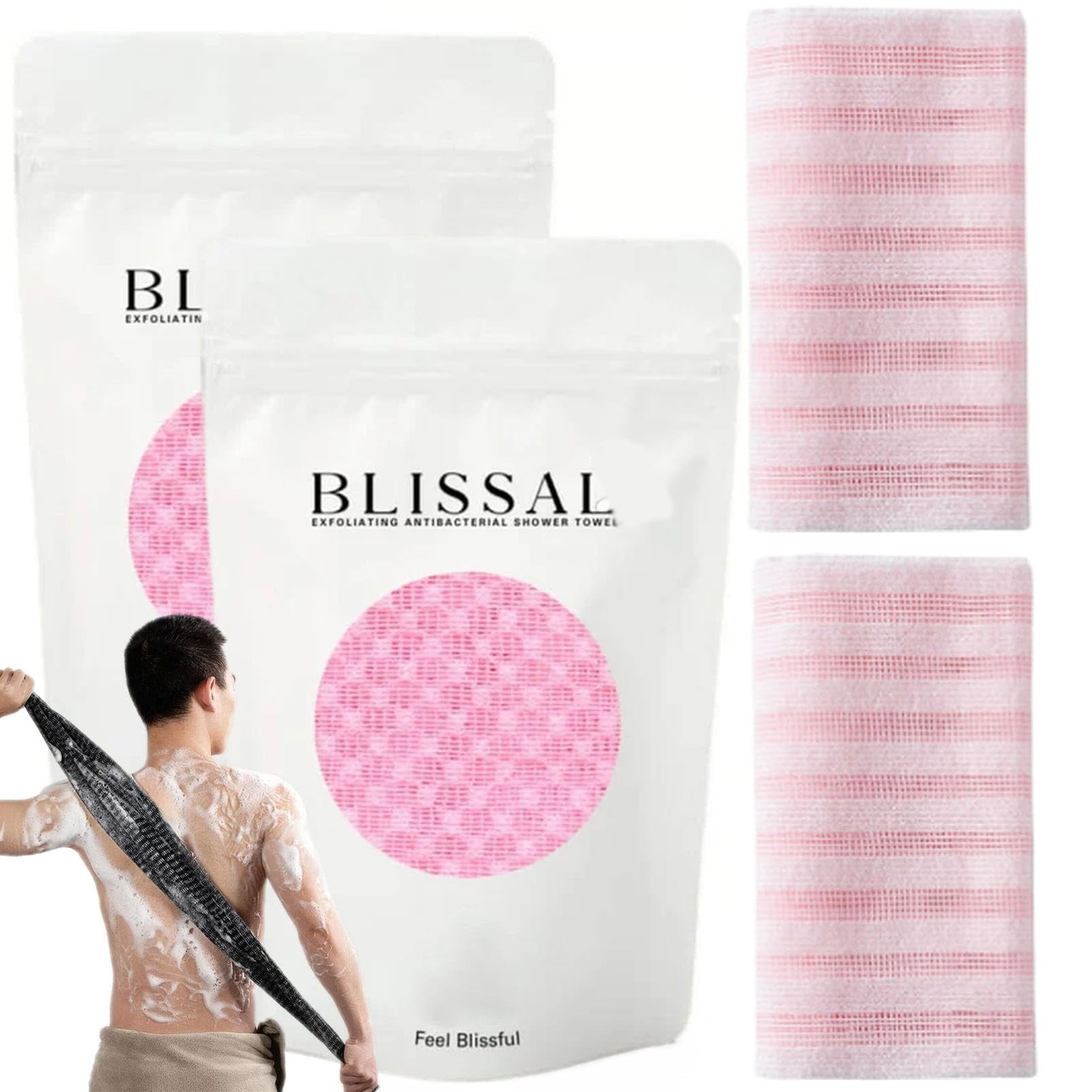 BLISSAL Long Exfoliating Bath Towel | Double-sided 2-in-1, suitable for face and body. Gently exfoliates and removes dead skin cells. A unisex bath essential for all skin types. (Black + Pink 2PC)