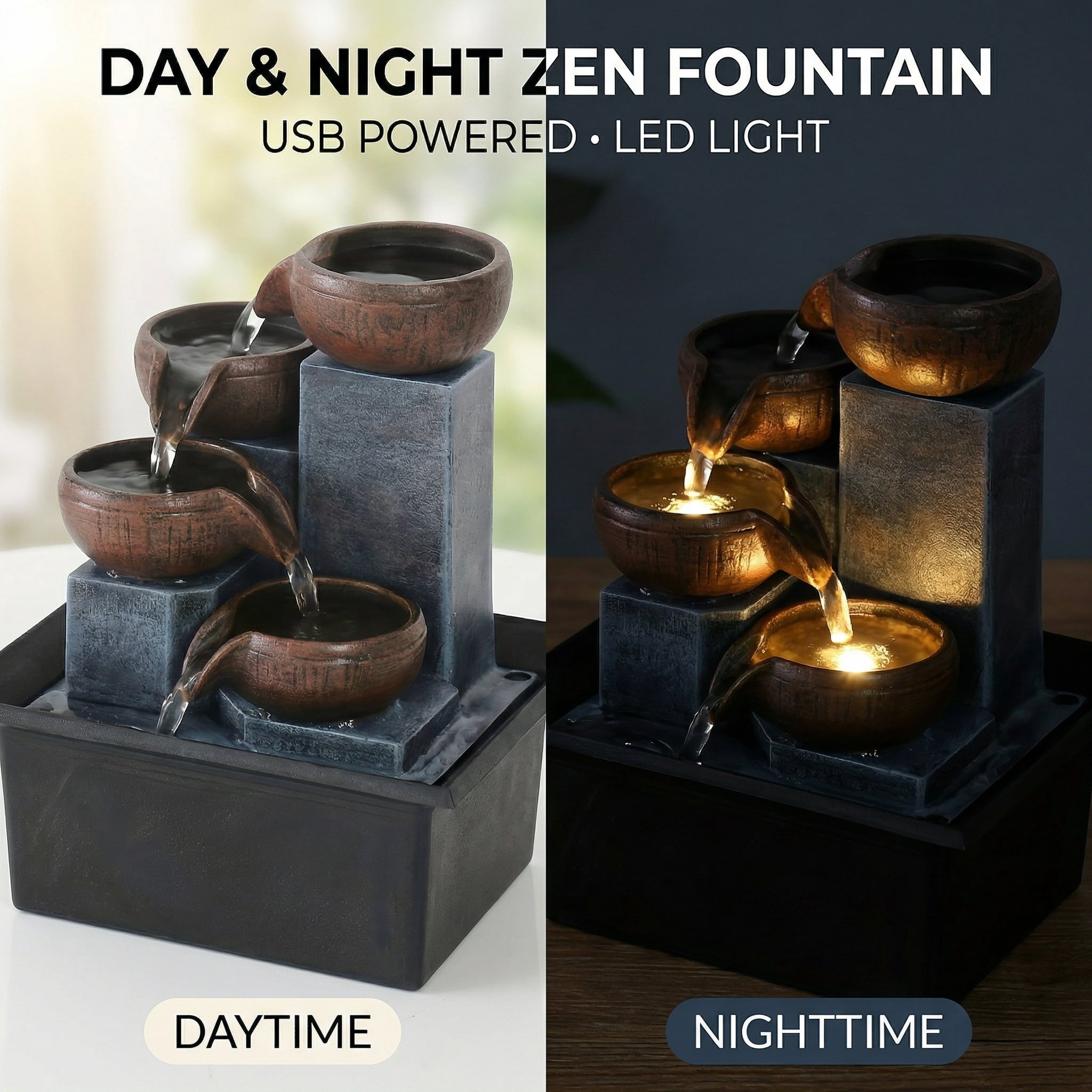 Desktop Fountain Waterfall Meditation - LED Lights, 4 Tiers, Indoor, 1pc