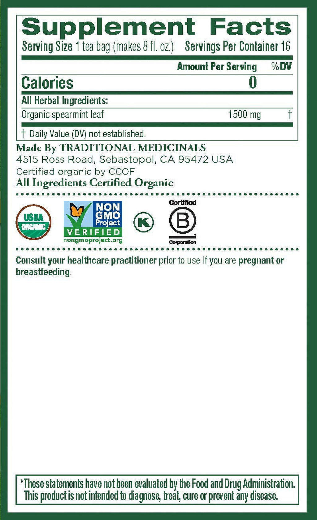 Organic Spearmint Tea, Healthy&amp; Refreshing 16 Count (Pack of 6)