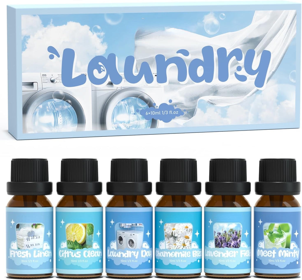 Laundry Collection Essential Oil Set, UM Natural Clean Fragrance Oil for Diffuser, Aromatherapy Oil Gift Set Includes Fresh Linen, Citrus Clean, Chamomile Bliss, Crisp Breeze, Minty