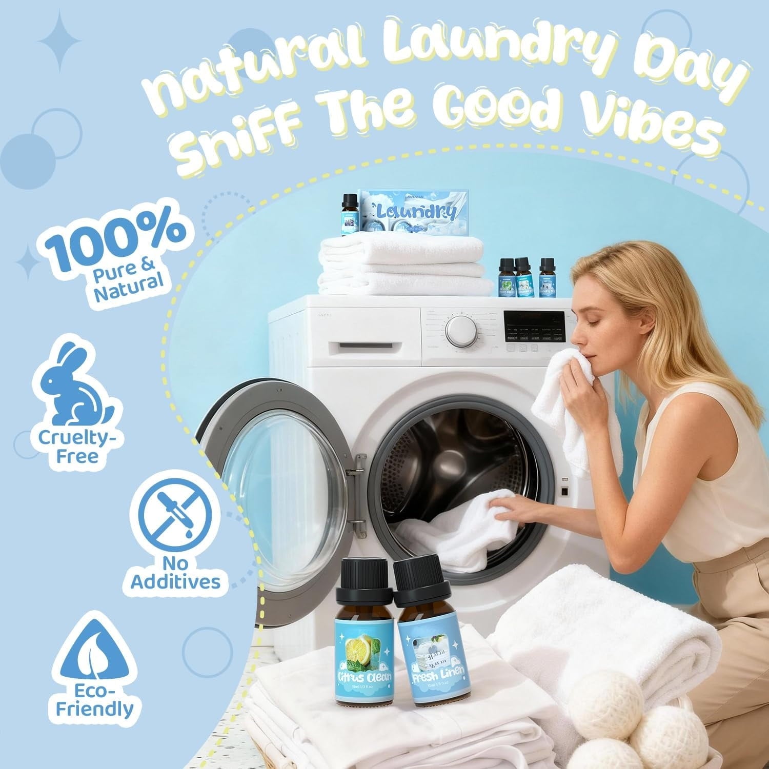 Laundry Collection Essential Oil Set, UM Natural Clean Fragrance Oil for Diffuser, Aromatherapy Oil Gift Set Includes Fresh Linen, Citrus Clean, Chamomile Bliss, Crisp Breeze, Minty