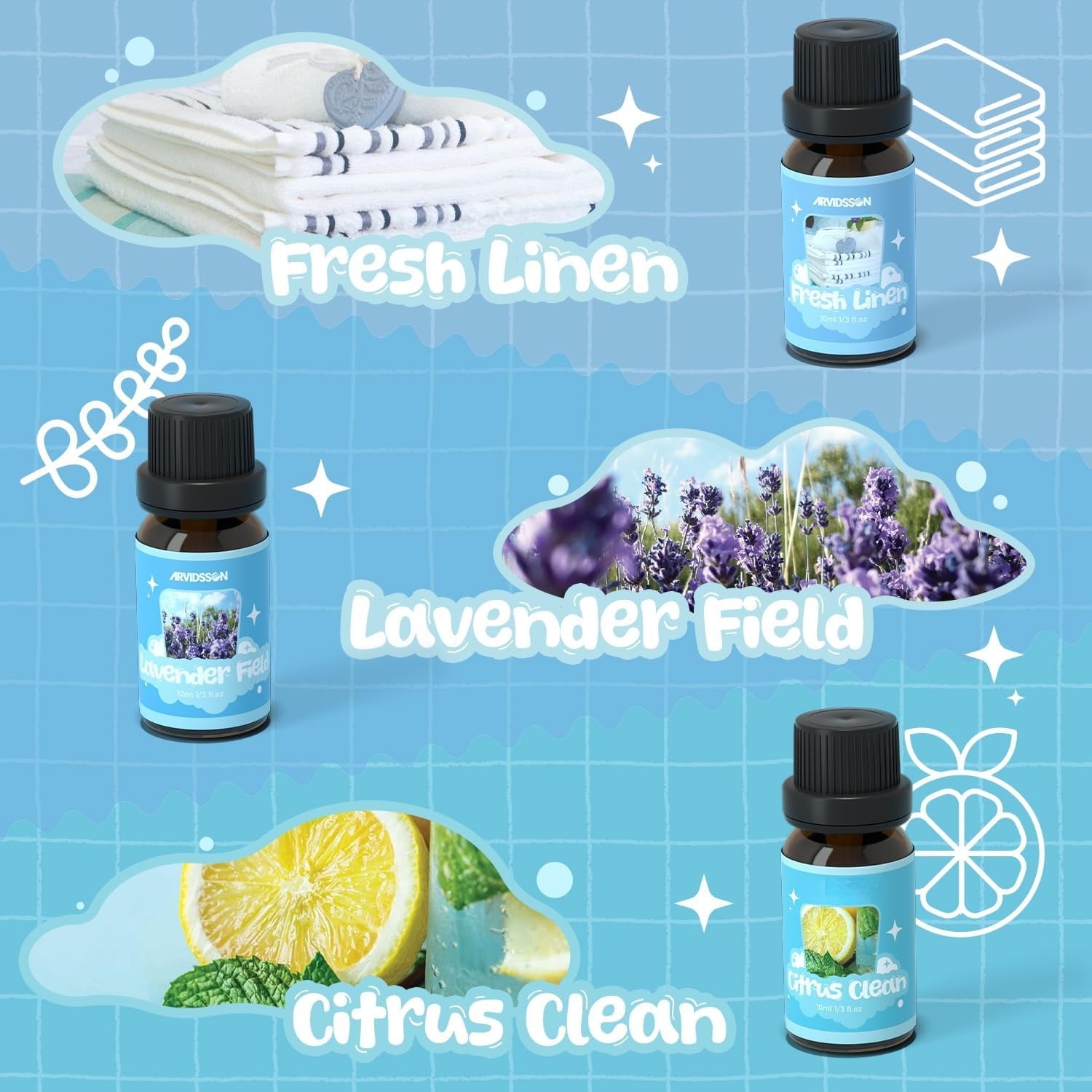 Laundry Collection Essential Oil Set, UM Natural Clean Fragrance Oil for Diffuser, Aromatherapy Oil Gift Set Includes Fresh Linen, Citrus Clean, Chamomile Bliss, Crisp Breeze, Minty