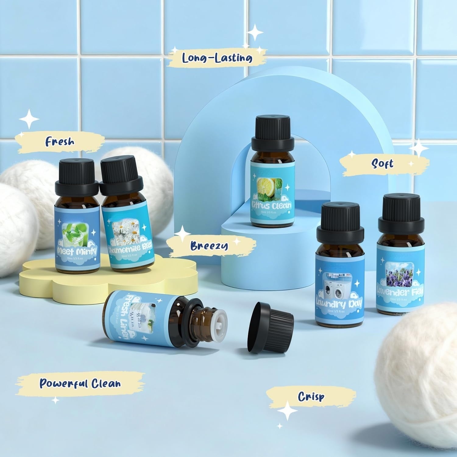 Laundry Collection Essential Oil Set, UM Natural Clean Fragrance Oil for Diffuser, Aromatherapy Oil Gift Set Includes Fresh Linen, Citrus Clean, Chamomile Bliss, Crisp Breeze, Minty