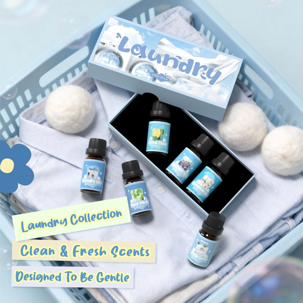 Laundry Collection Essential Oil Set, UM Natural Clean Fragrance Oil for Diffuser, Aromatherapy Oil Gift Set Includes Fresh Linen, Citrus Clean, Chamomile Bliss, Crisp Breeze, Minty