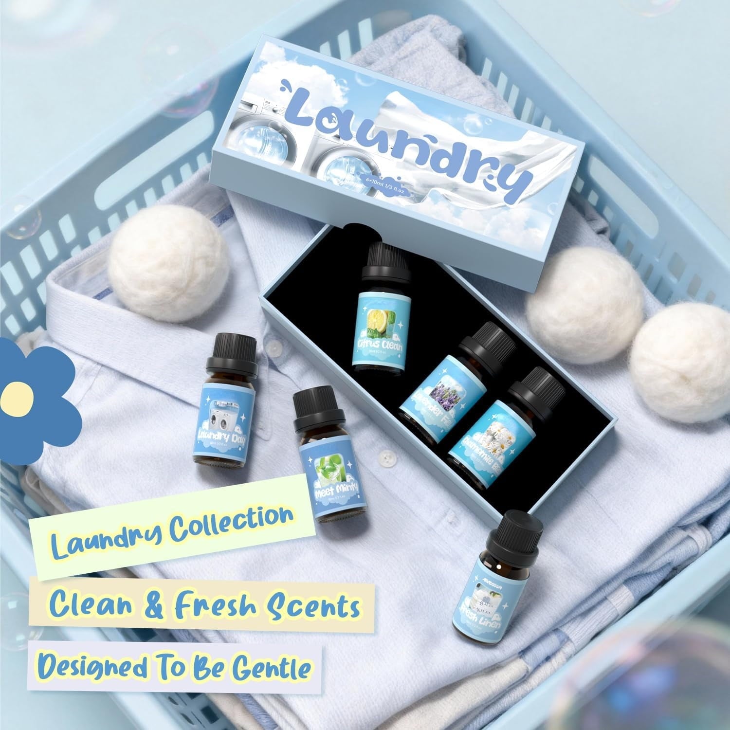 Laundry Collection Essential Oil Set, UM Natural Clean Fragrance Oil for Diffuser, Aromatherapy Oil Gift Set Includes Fresh Linen, Citrus Clean, Chamomile Bliss, Crisp Breeze, Minty