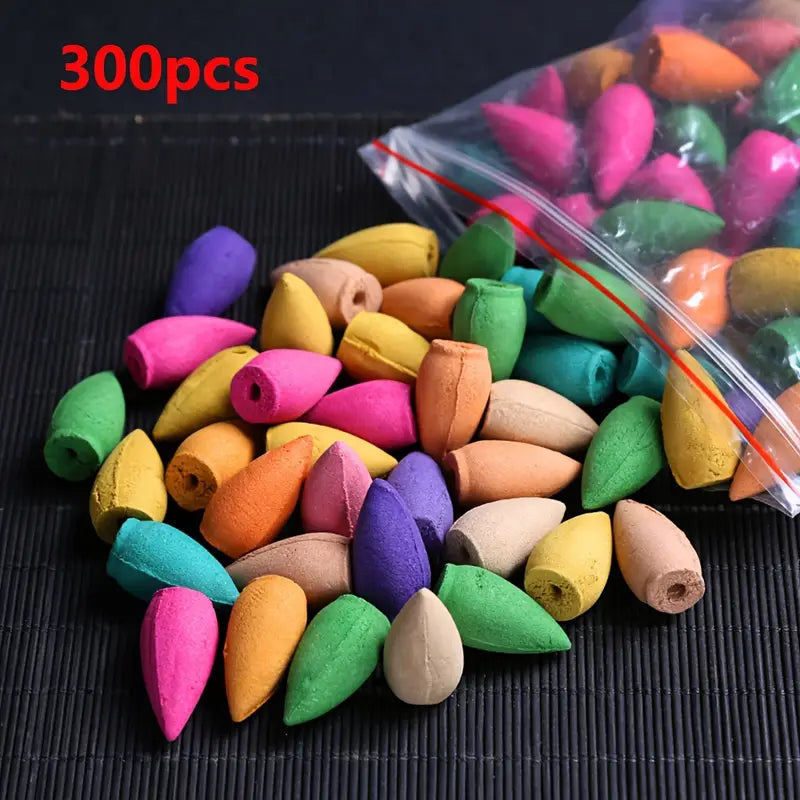 300pcs Assorted Backflow Incense Cones, Lavender Agarwood Sandalwood Artemisia Floral Rose Scent, Wood Material, Smoke Reflux Incense for Yoga Gifts and Stylish Home Decor No Feathers