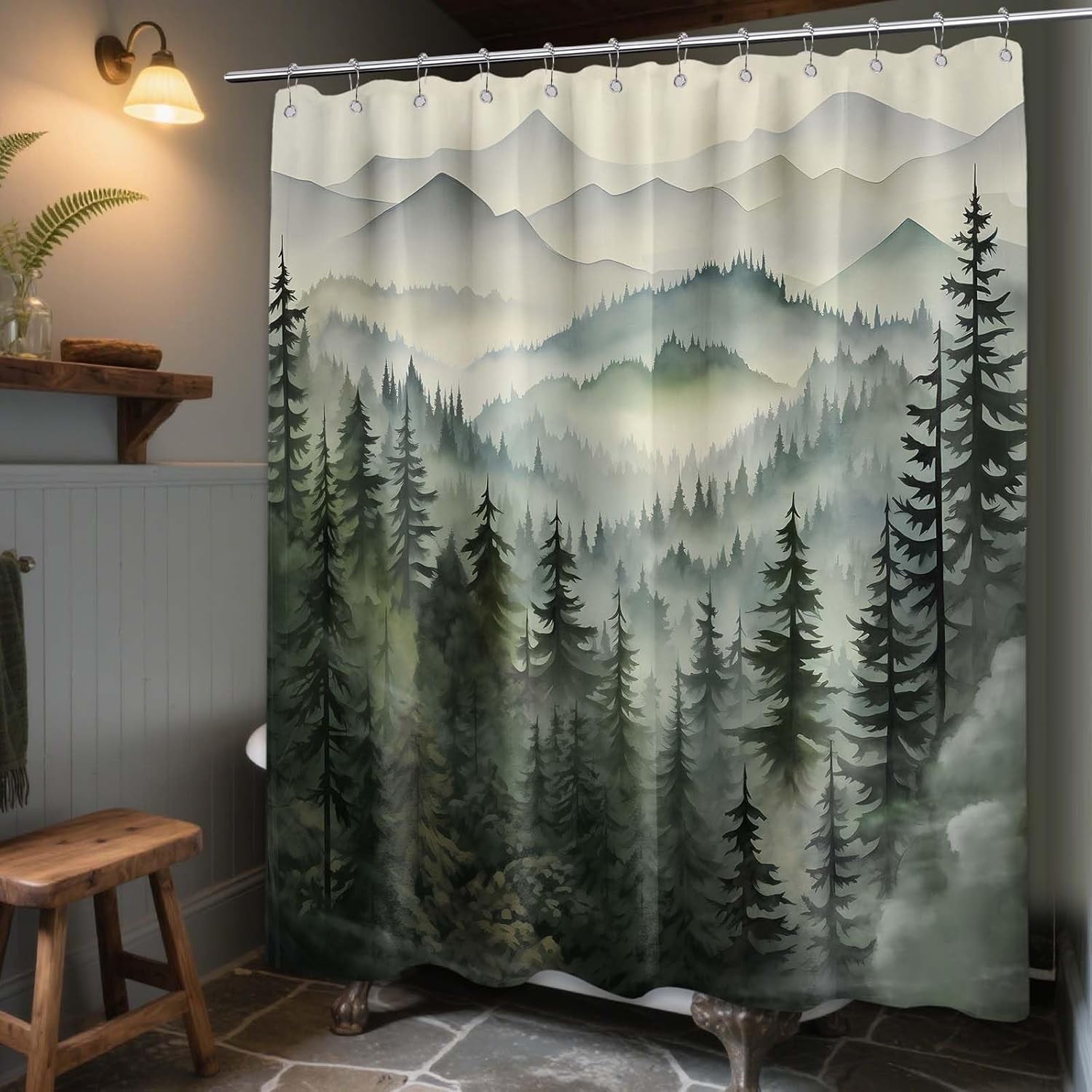Mountain Shower Curtain Forest, Black and White Nature Shower Curtains for Mens Bathroom Decor Grey Rustic Woodland Pine Tree Cool Bath Curtain Set, Waterproof Fabric with Hooks 70x72in