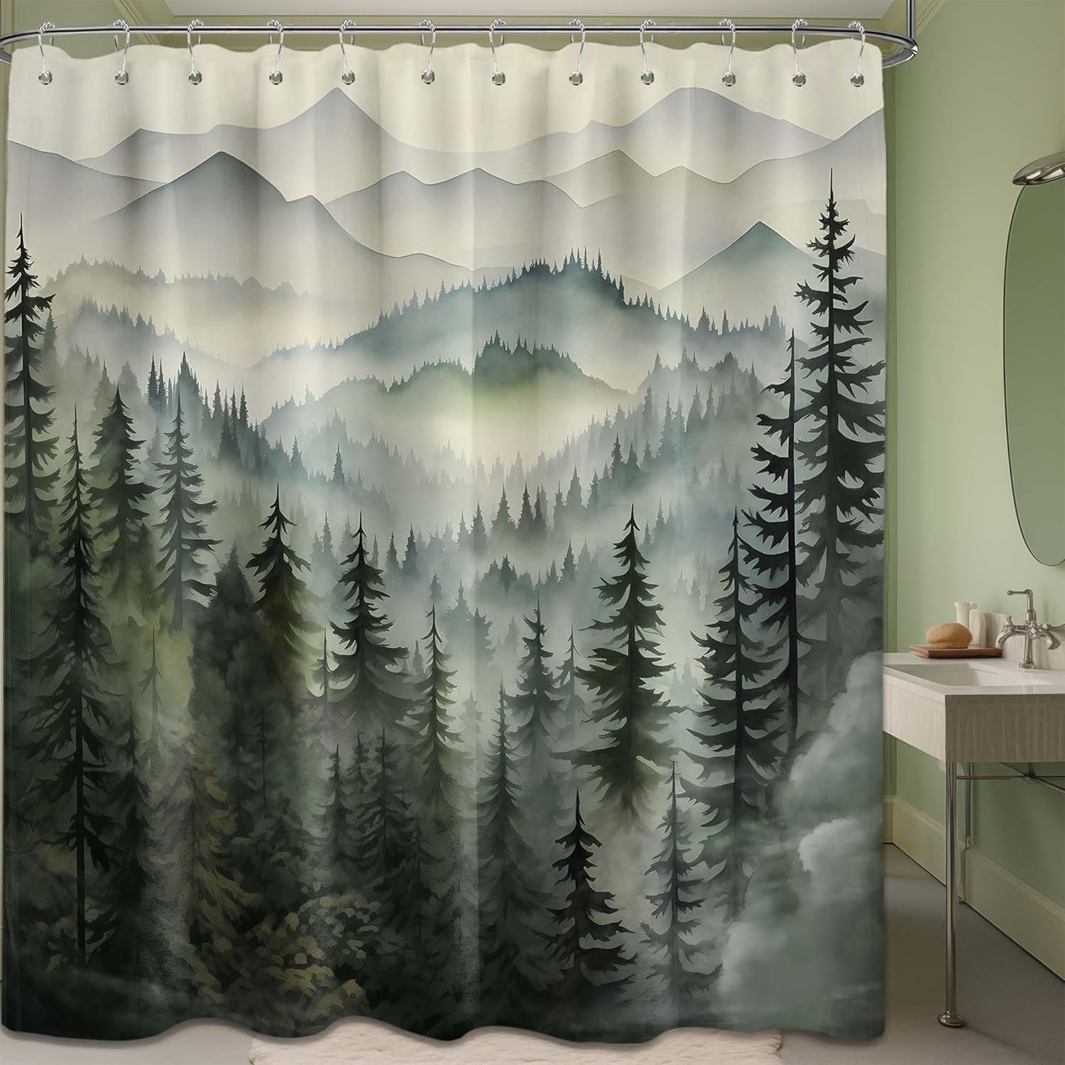Mountain Shower Curtain Forest, Black and White Nature Shower Curtains for Mens Bathroom Decor Grey Rustic Woodland Pine Tree Cool Bath Curtain Set, Waterproof Fabric with Hooks 70x72in