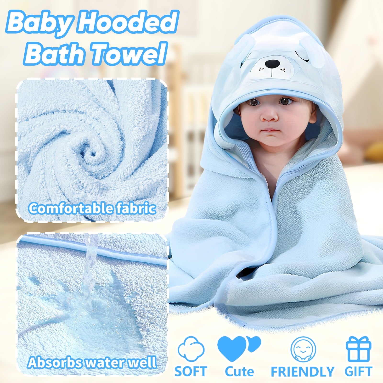 Hooded Towel - Rayon Made from Bamboo, Bath Towel with Bear Ears for Newborn, Babie, Toddler, Infant - Absorbent Large Baby Towel - Bear, 30 x 30 Inch