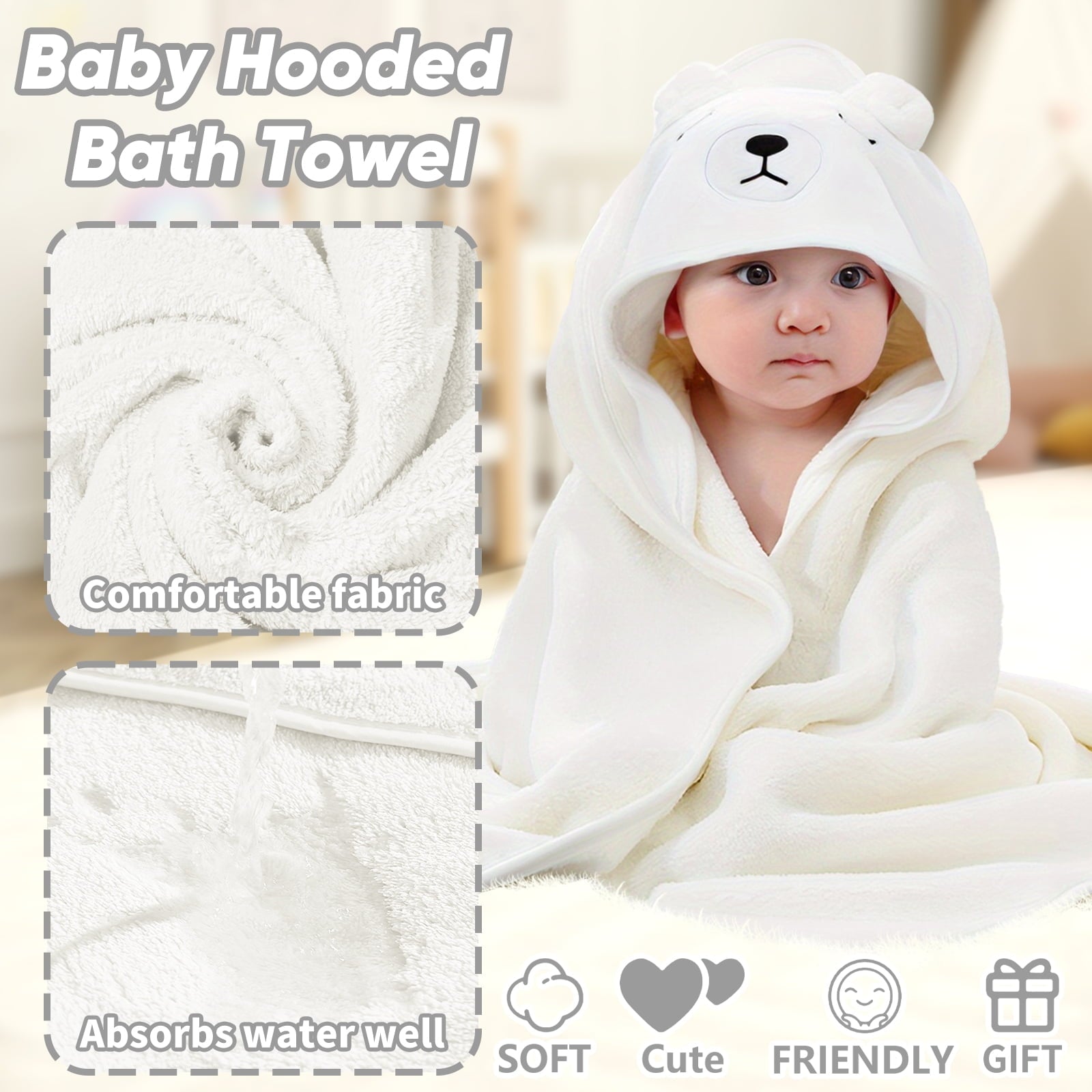 Hooded Towel - Rayon Made from Bamboo, Bath Towel with Bear Ears for Newborn, Babie, Toddler, Infant - Absorbent Large Baby Towel - Bear, 30 x 30 Inch
