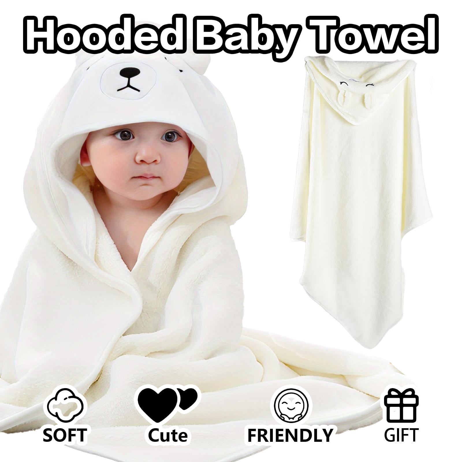 Hooded Towel - Rayon Made from Bamboo, Bath Towel with Bear Ears for Newborn, Babie, Toddler, Infant - Absorbent Large Baby Towel - Bear, 30 x 30 Inch