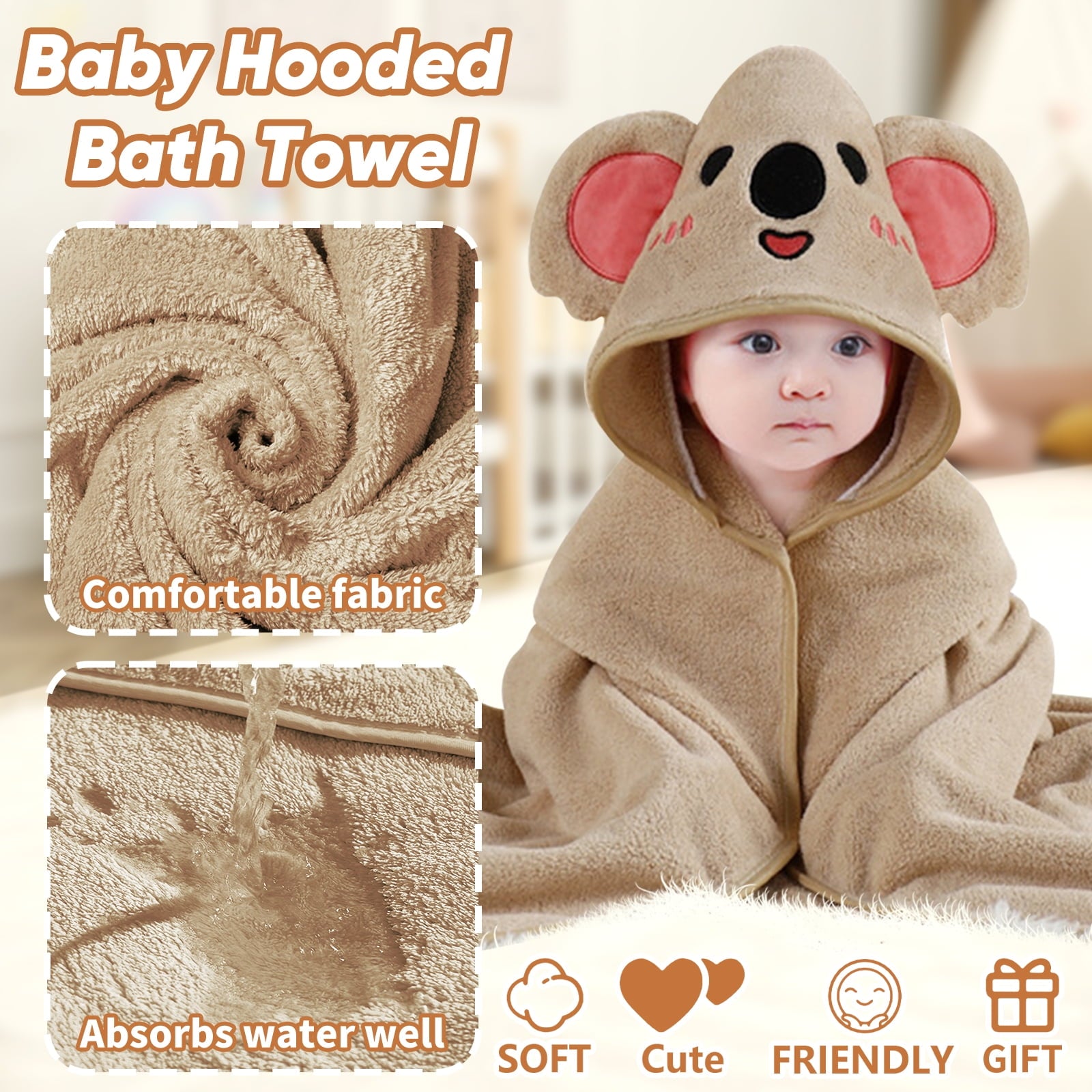 Hooded Towel - Rayon Made from Bamboo, Bath Towel with Bear Ears for Newborn, Babie, Toddler, Infant - Absorbent Large Baby Towel - Bear, 30 x 30 Inch