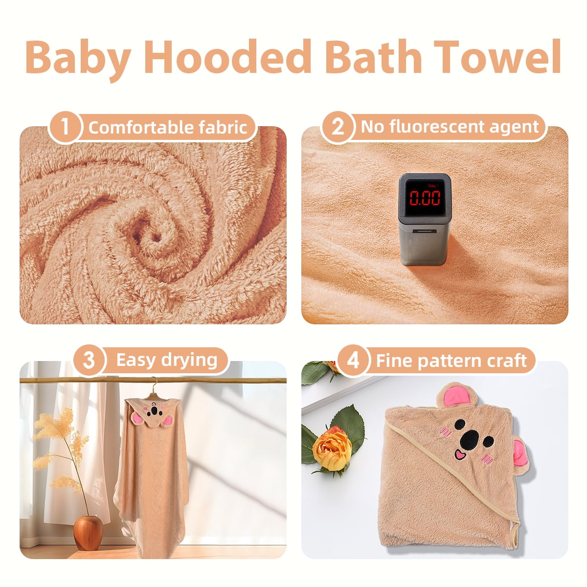 Hooded Towel - Rayon Made from Bamboo, Bath Towel with Bear Ears for Newborn, Babie, Toddler, Infant - Absorbent Large Baby Towel - Bear, 30 x 30 Inch