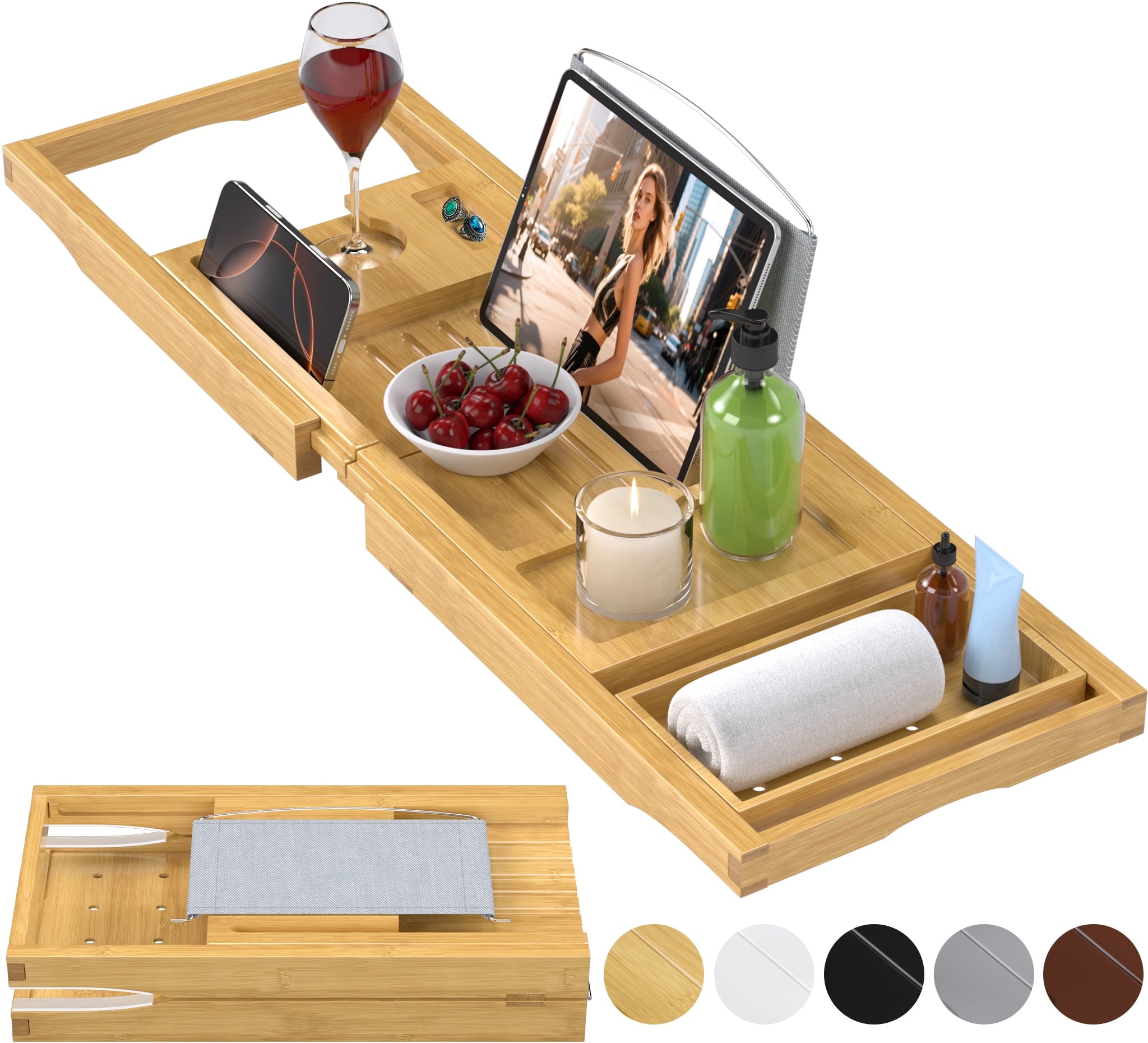 Bamboo Bathtub Caddy Tray for Tub,Expandable Bath Table Trays,Premium Bathroom Accessories for New Home &amp; Mothers Day &amp; Birthday Gifts for Couples