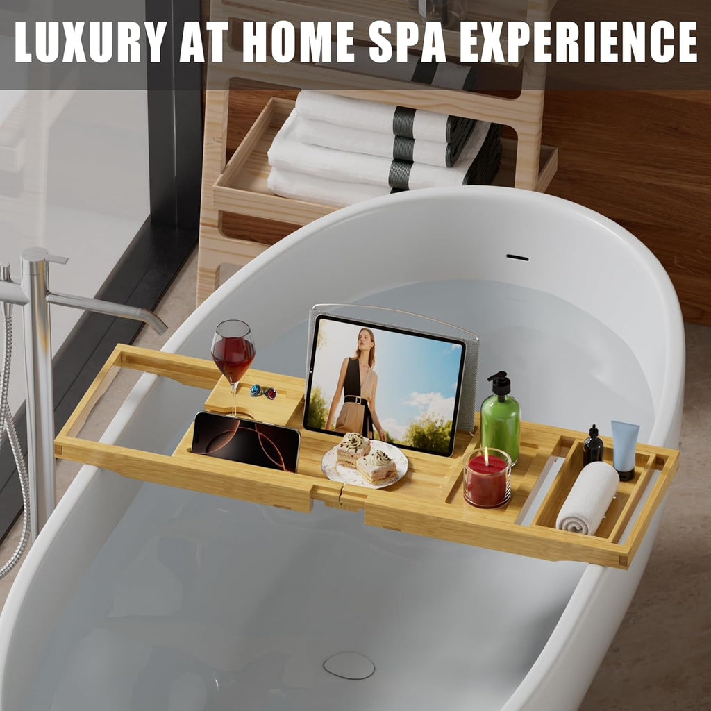 Bamboo Bathtub Caddy Tray for Tub,Expandable Bath Table Trays,Premium Bathroom Accessories for New Home &amp; Mothers Day &amp; Birthday Gifts for Couples