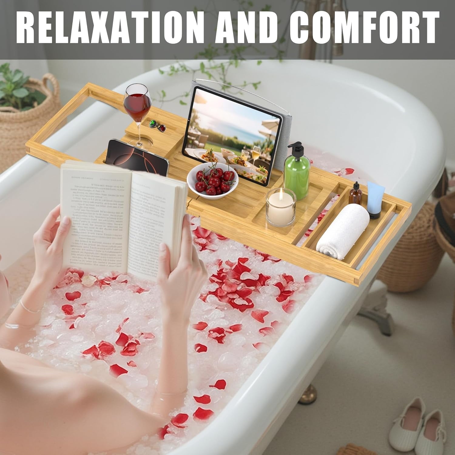 Bamboo Bathtub Caddy Tray for Tub,Expandable Bath Table Trays,Premium Bathroom Accessories for New Home &amp; Mothers Day &amp; Birthday Gifts for Couples
