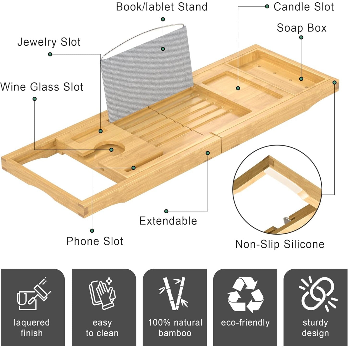 Bamboo Bathtub Caddy Tray for Tub,Expandable Bath Table Trays,Premium Bathroom Accessories for New Home &amp; Mothers Day &amp; Birthday Gifts for Couples