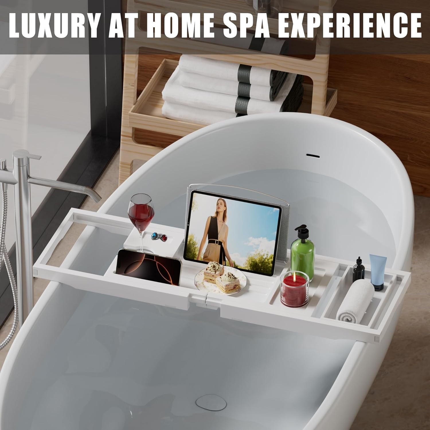Bamboo Bathtub Caddy Tray for Tub,Expandable Bath Table Trays,Premium Bathroom Accessories for New Home &amp; Mothers Day &amp; Birthday Gifts for Couples