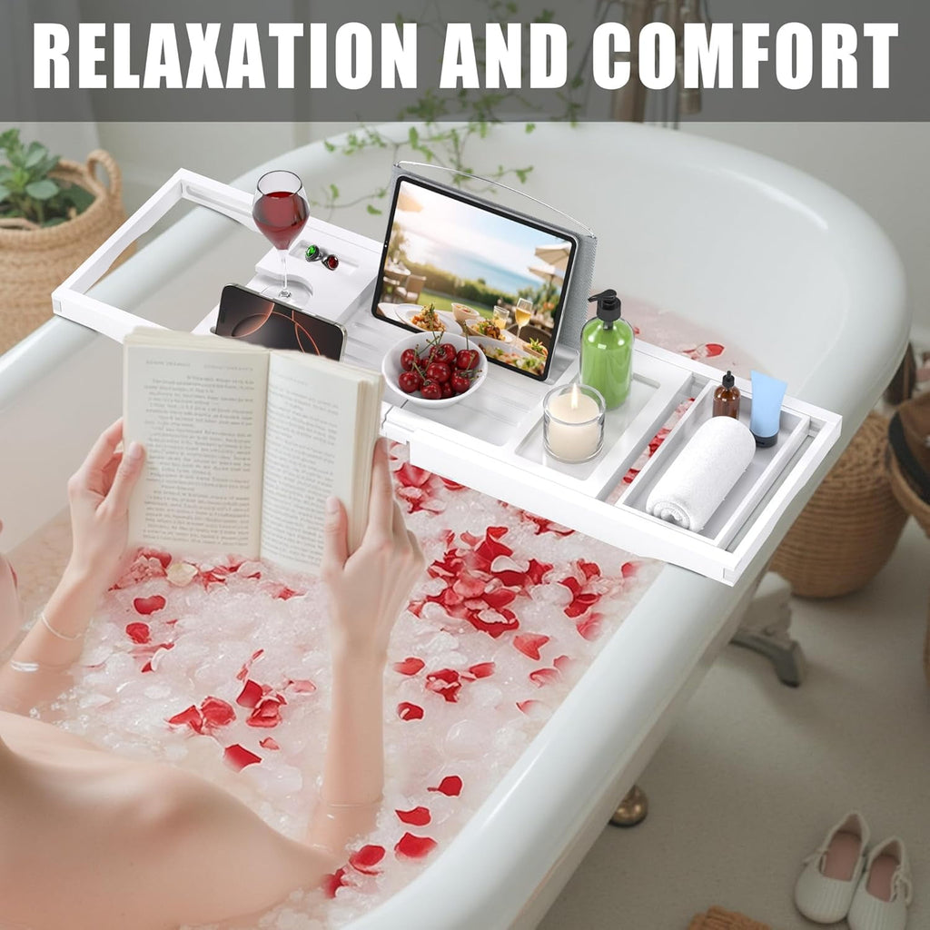 Bamboo Bathtub Caddy Tray for Tub,Expandable Bath Table Trays,Premium Bathroom Accessories for New Home &amp; Mothers Day &amp; Birthday Gifts for Couples