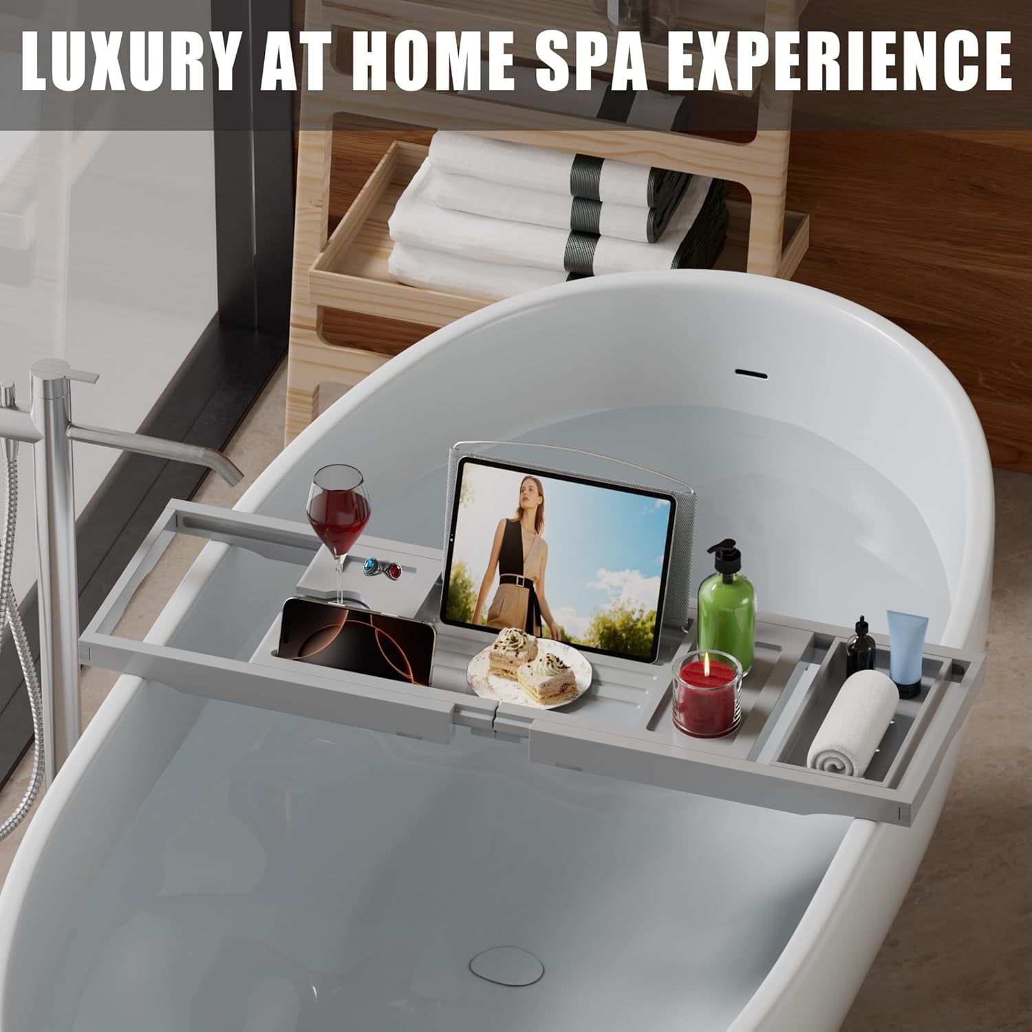 Bamboo Bathtub Caddy Tray for Tub,Expandable Bath Table Trays,Premium Bathroom Accessories for New Home &amp; Mothers Day &amp; Birthday Gifts for Couples