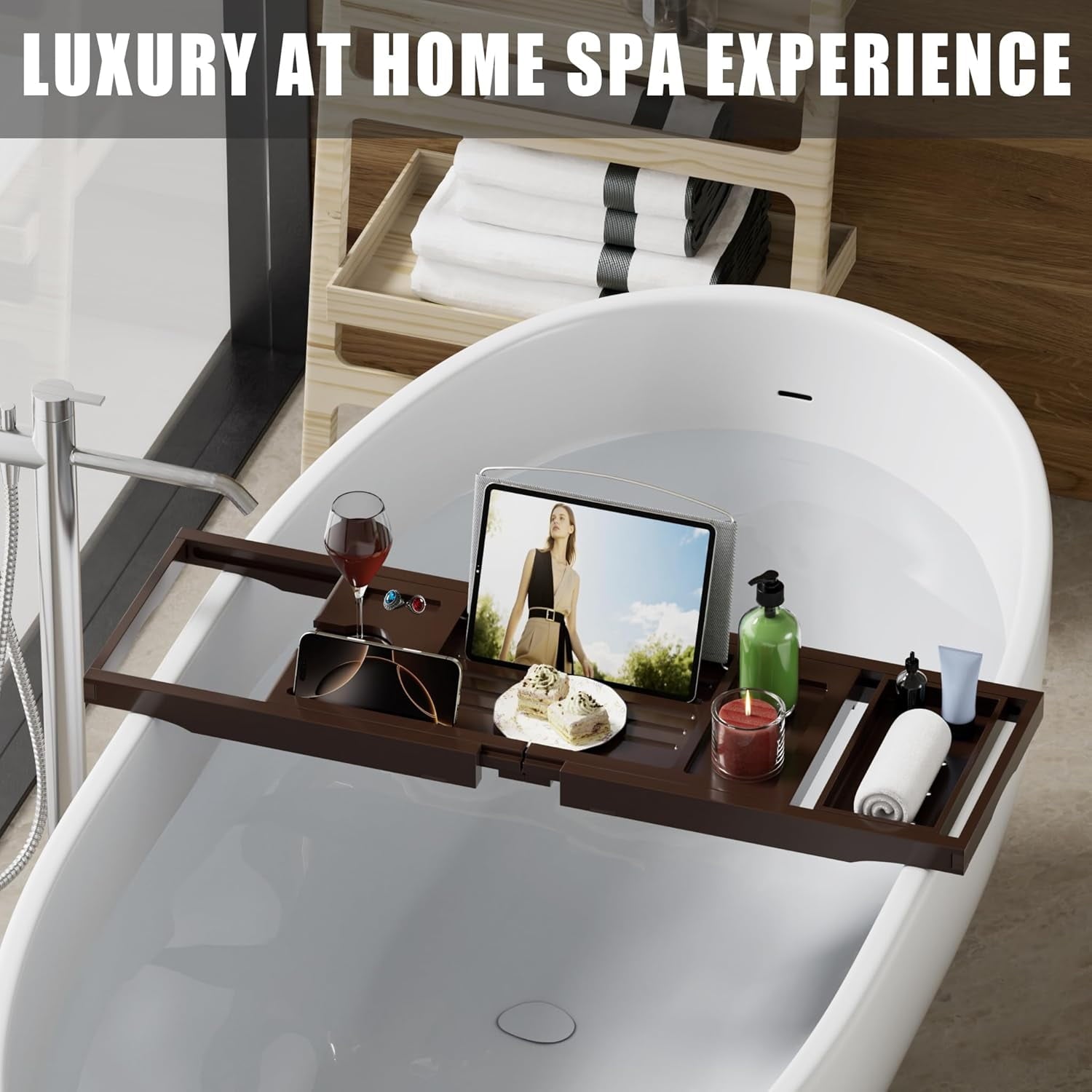 Bamboo Bathtub Caddy Tray for Tub,Expandable Bath Table Trays,Premium Bathroom Accessories for New Home &amp; Mothers Day &amp; Birthday Gifts for Couples
