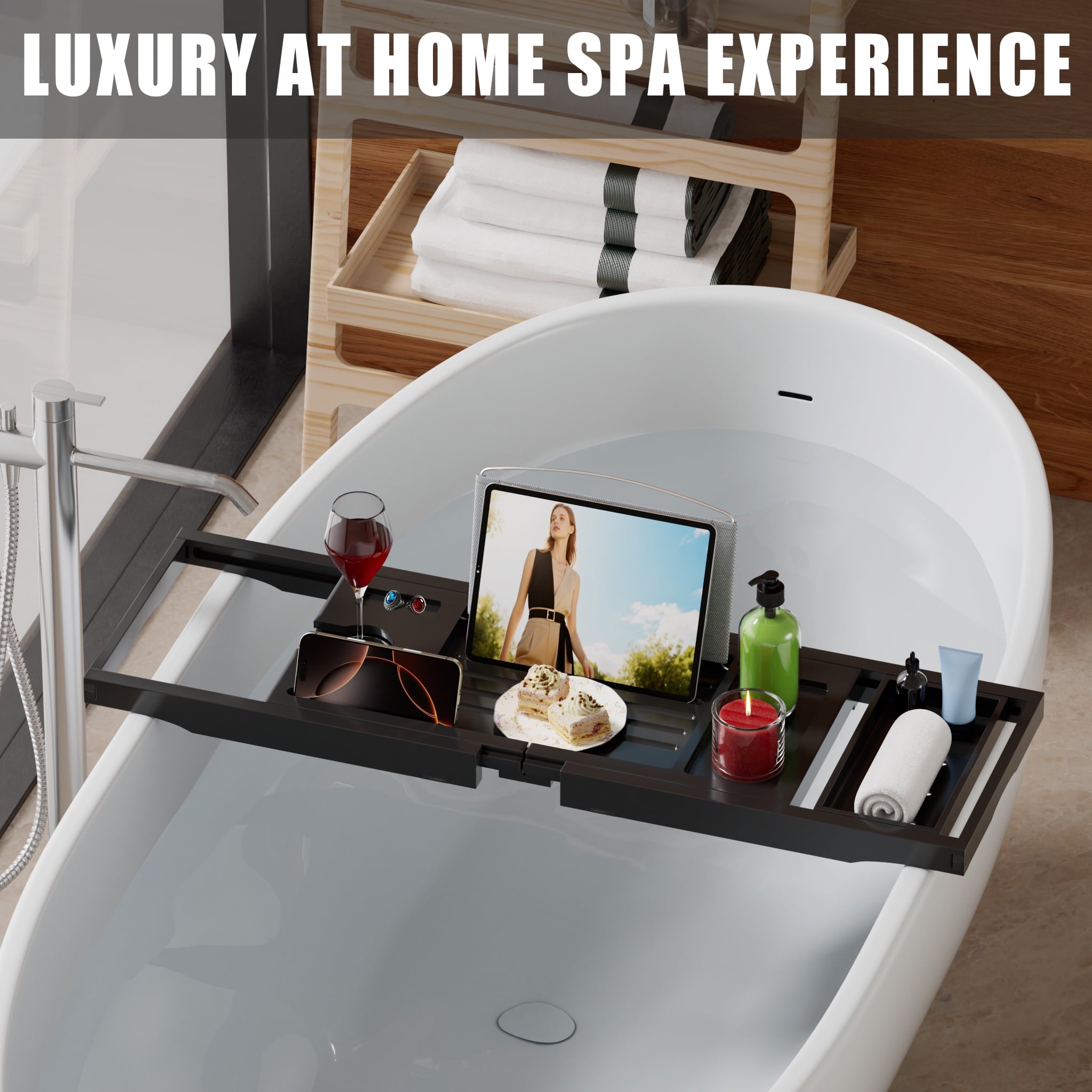 Bamboo Bathtub Caddy Tray for Tub,Expandable Bath Table Trays,Premium Bathroom Accessories for New Home &amp; Mothers Day &amp; Birthday Gifts for Couples