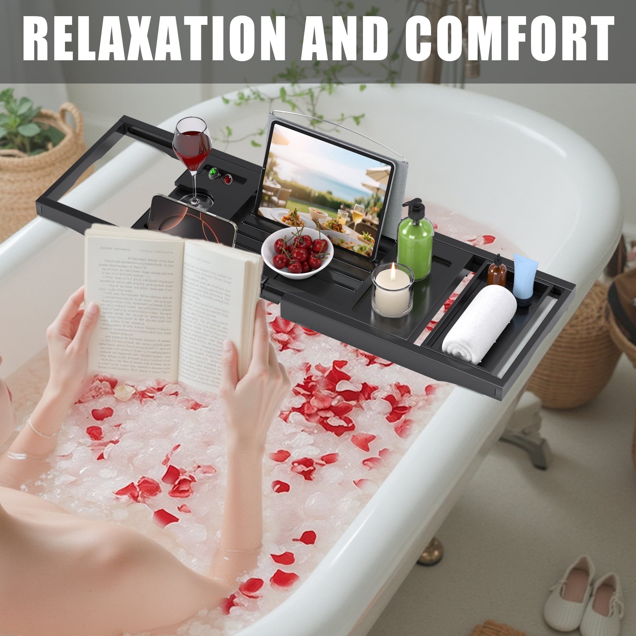 Bamboo Bathtub Caddy Tray for Tub,Expandable Bath Table Trays,Premium Bathroom Accessories for New Home &amp; Mothers Day &amp; Birthday Gifts for Couples