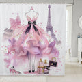 Pink Floral Shower Curtain Modern Fashion Girly Bath Curtain Romantic Makeup Themed Bathroom Decor Black White Stripe Waterproof Women Perfume Print, 60" W x 72" L